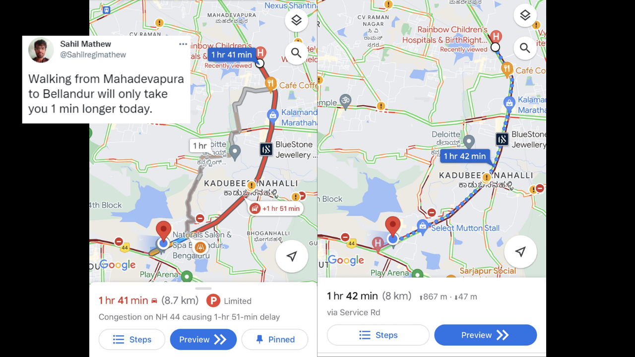 Walking 8 km takes only 1 minute longer than driving in the rain in Bangalore shows Google Maps people joking with your swimming