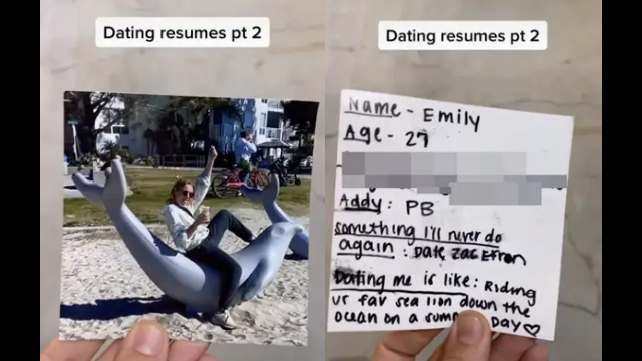 Woman writes dating resume on back of her pictures, hands out to random men she meets