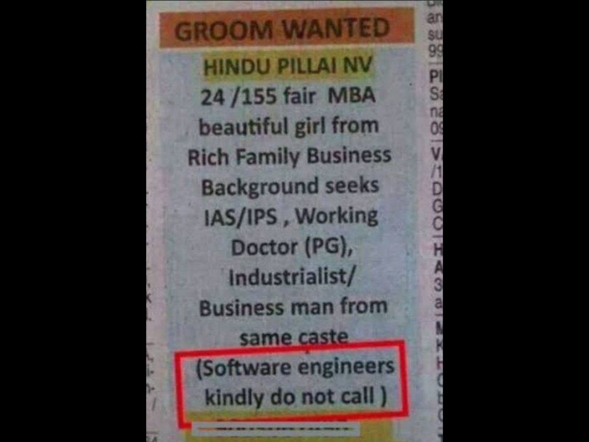 Future of IT doesn't look so sound': Matrimonial ad asking software  engineers to 'not call' gets Twitter talking