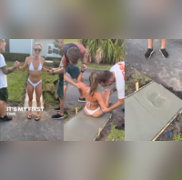 Bikiniclad woman imprints her behind on entry path to new house