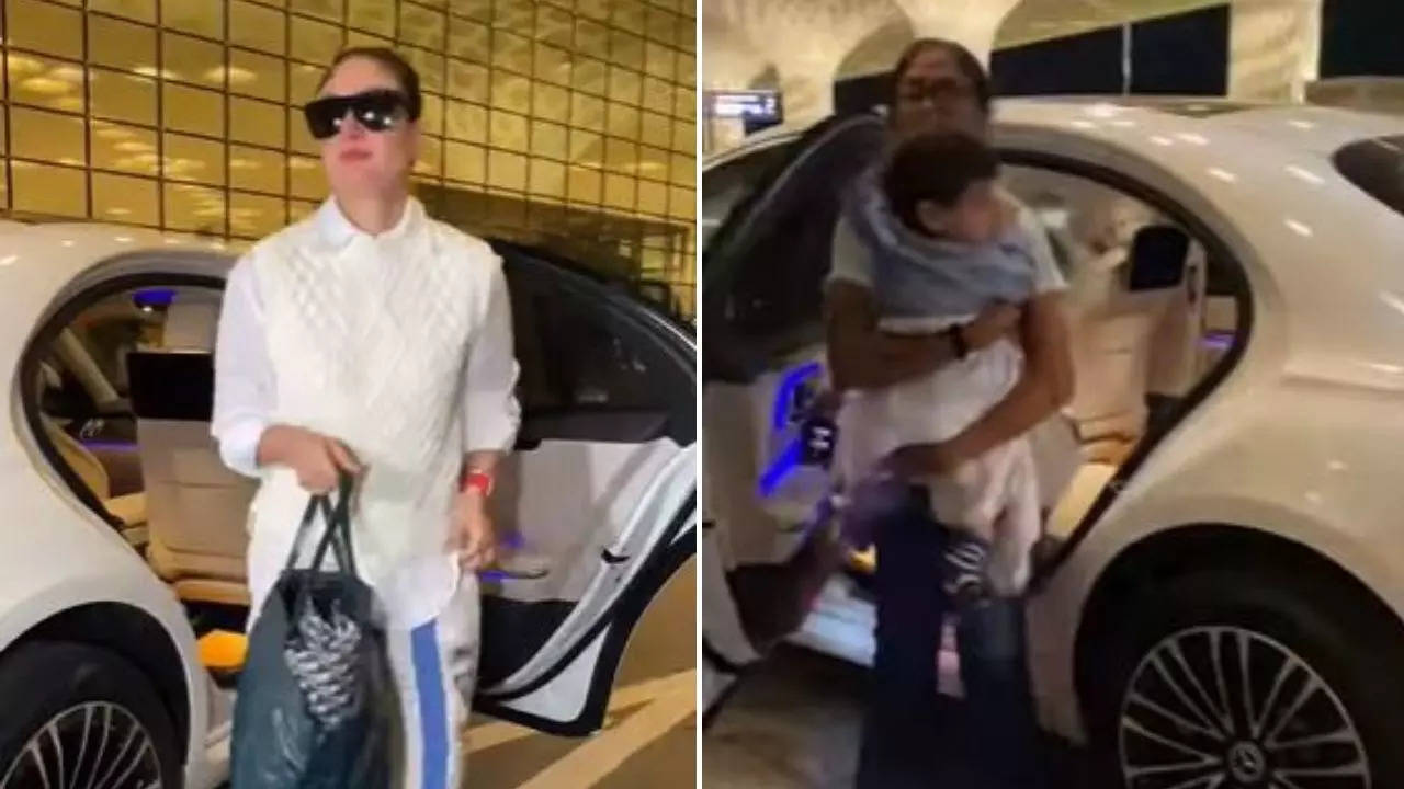 Kareena Kapoor Makes Her Airport Look Glamorous In Sweater Vest Sleepy Jeh Steals Attention At Airport - Watch Video
