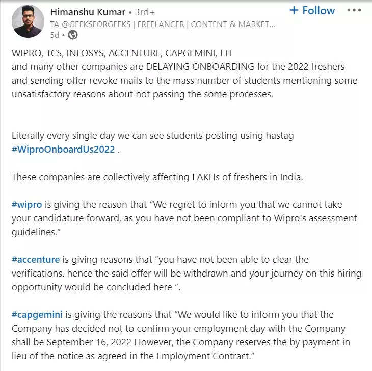 Wipro, Infosys, other IT firms revoke offers given to freshers after  delaying onboarding process