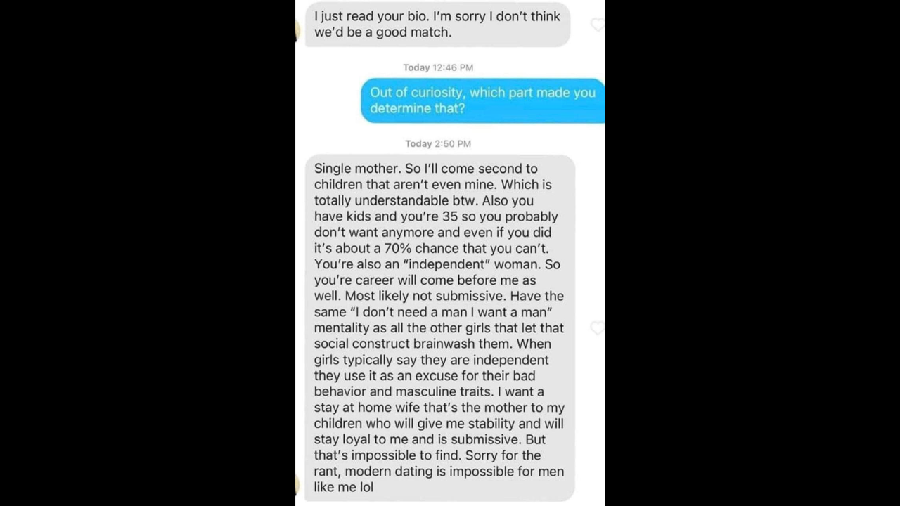 Tinder match slammed for 'sexist' rejection message sent to single mother