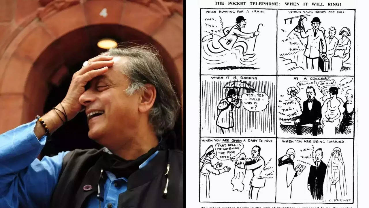 คำอธิบายภาพ: ซ้าย: Shashi Tharoor ภาพนอกรัฐสภา;  ขวา: การ์ตูนเรื่อง 'The Pocket Telephone: When It Will Ring' โดย WK Haselden