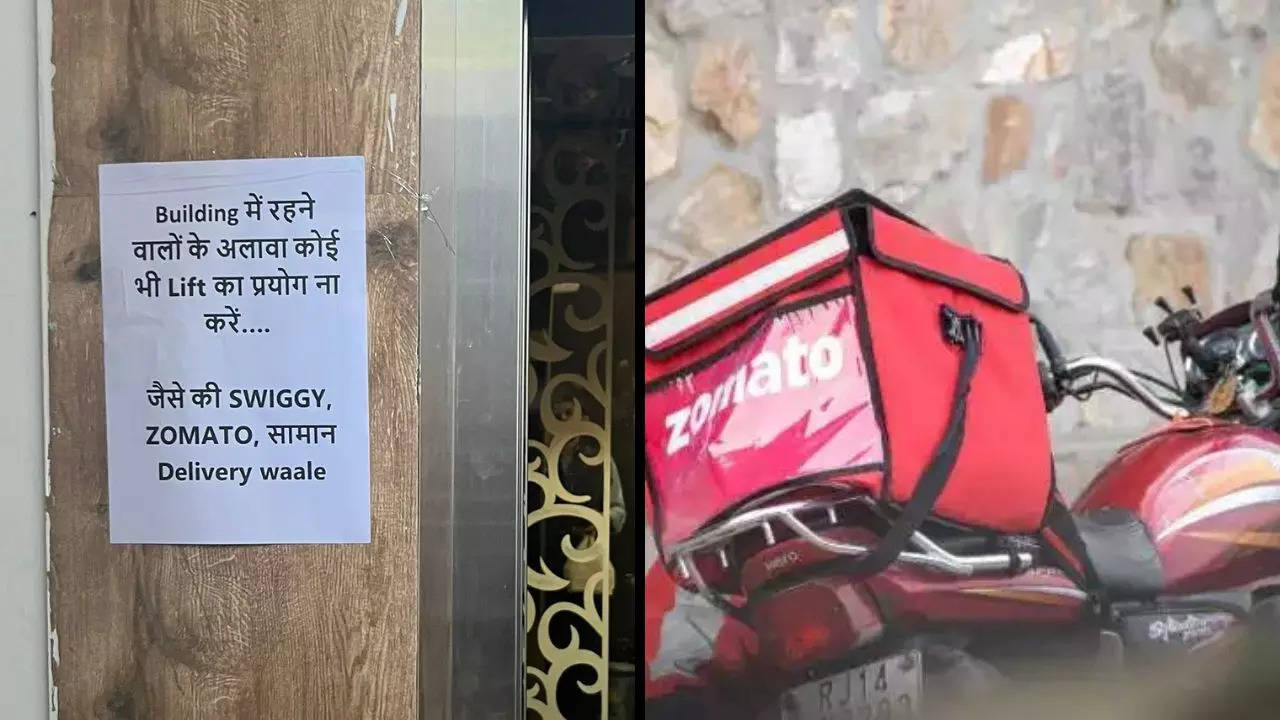 A notice put in a Delhi housing society prohibits lift use by delivery workers including Zomato and Swiggy exes