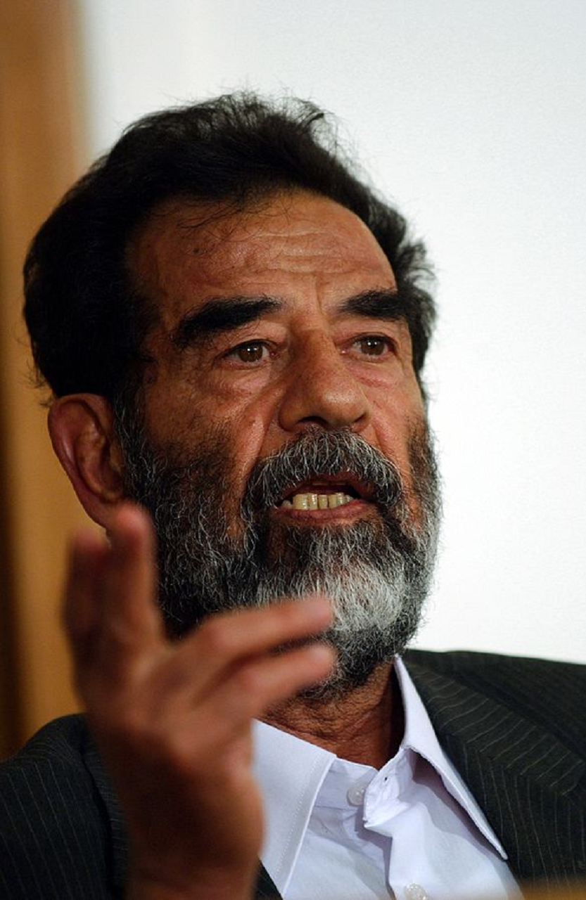 Saddam Hussein in a courtroom during his trial