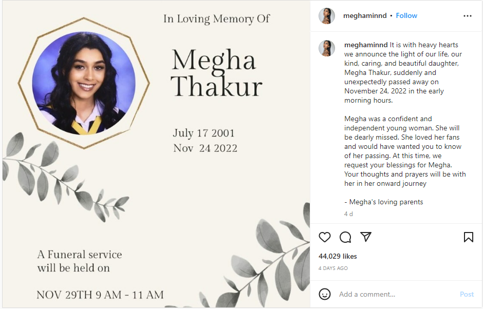 Tik Tok star Megha Thakur suffered a heart attack months before death ...