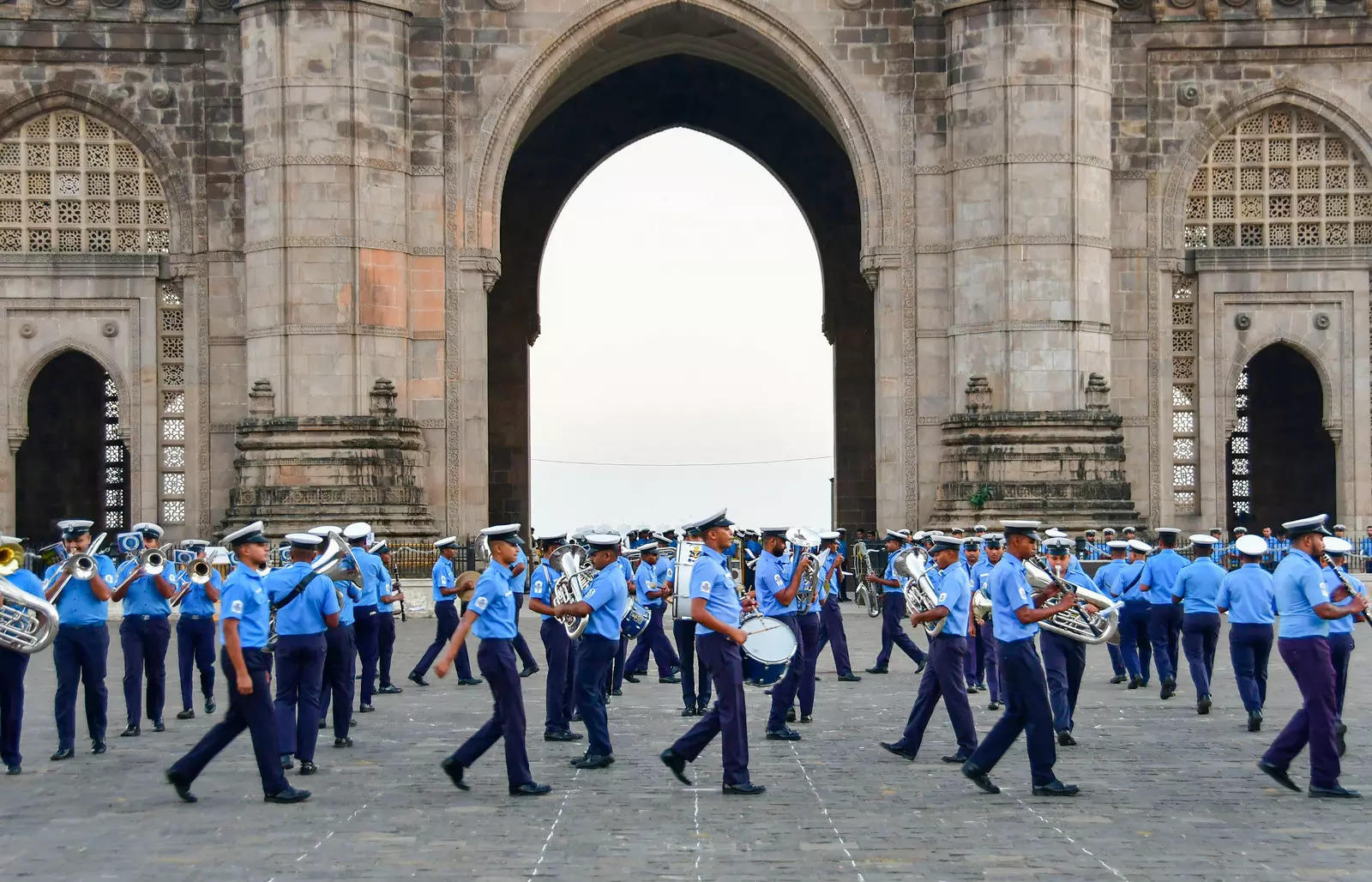 Indian Navy band rehearsal for Navy Day celebrations near the Gateway of India in Mumbai