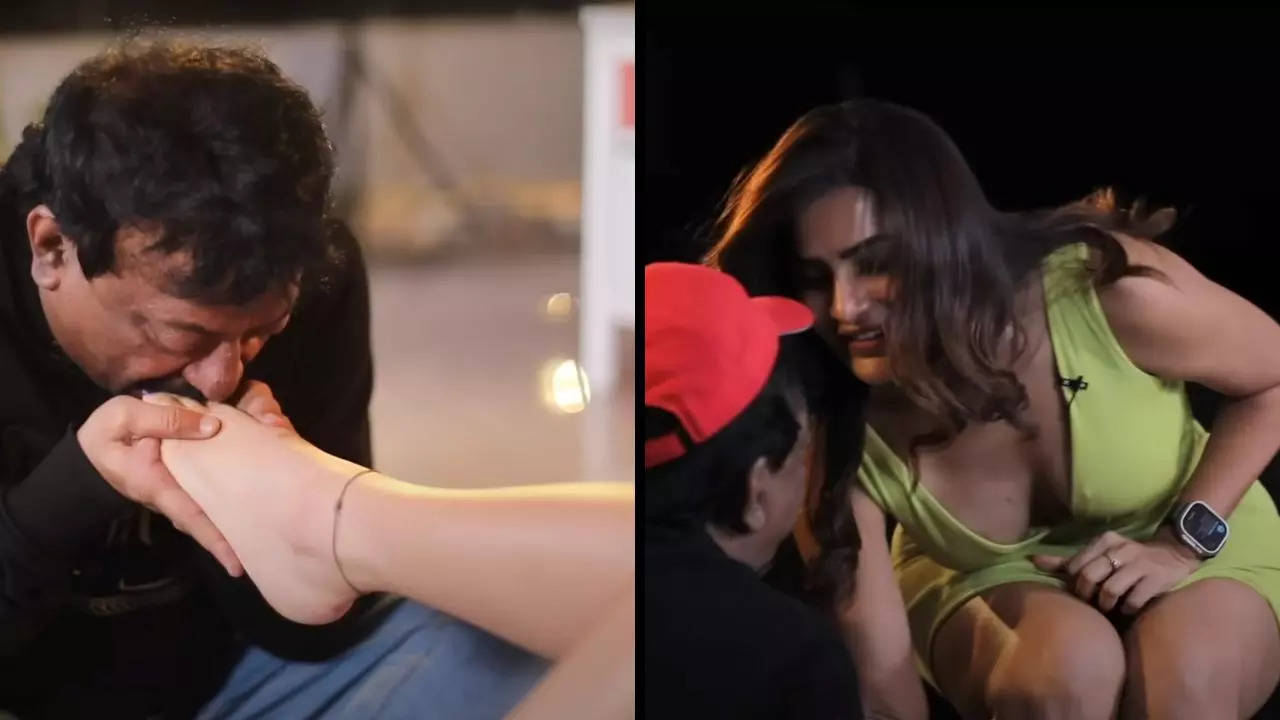 Filmmaker Ram Gopal Varma licks actress Ashu Reddy's toes | Screenshot from video by RGV/Youtube