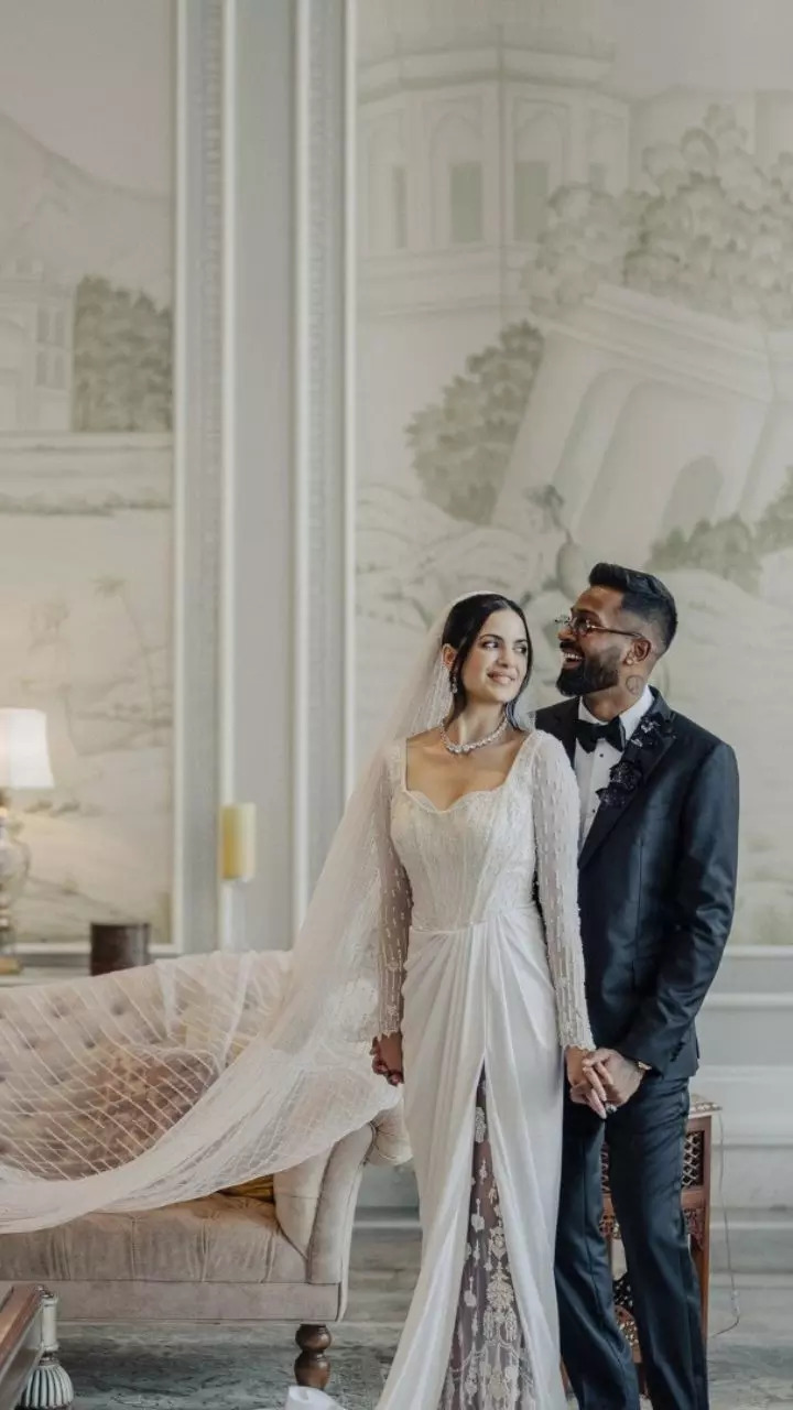 Decoding Hardik Pandyas wife Natasas embellished wedding gown with 15-ft long veil