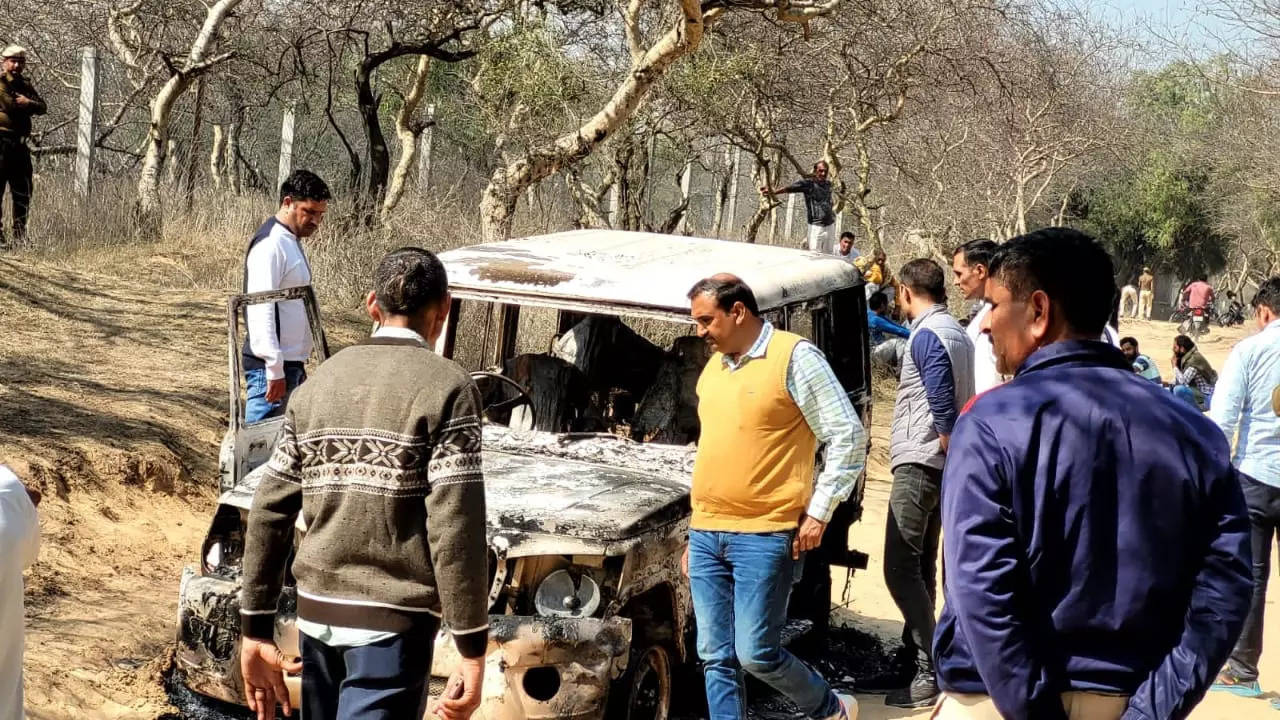 The Bolero inside which the charred dead bodies were found in Haryana.