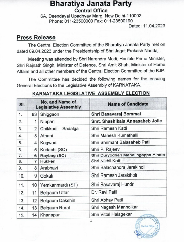 Karnataka Election 2023 Constituencywise BJP Candidates List