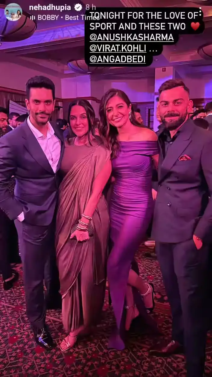 Anushka Sharma and Virat Kohli pose with Neha Dhupia and Angad Bedi at a  sports function