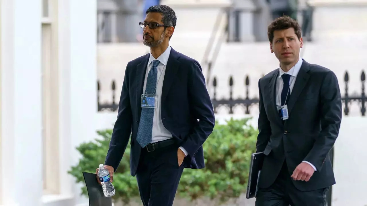 Sundar Pichai, Google’s chief executive, left, and Sam Altman, OpenAI’s chief executive, arriving at the White House to meet with the vice president.