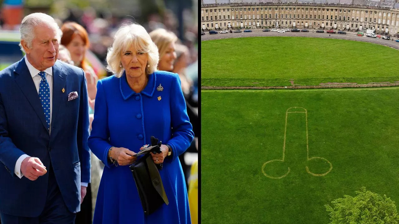 A 'giant penis' appeared on the lawn at Royal Crescent, a venue for King Charles' Coronation Party | Image credit: Left: AP; Right: NYP