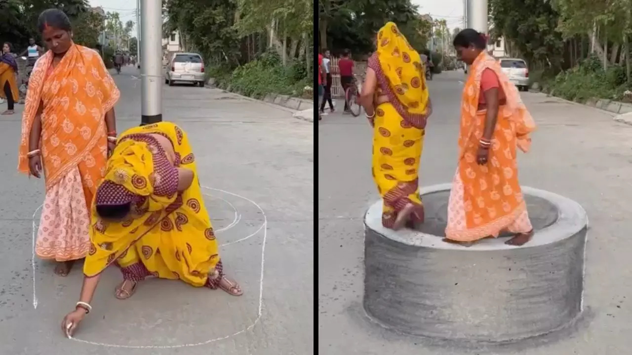 Two Desi women create the optical illusion of a concrete column around a pole on the street | @punamartacademy/Instagram