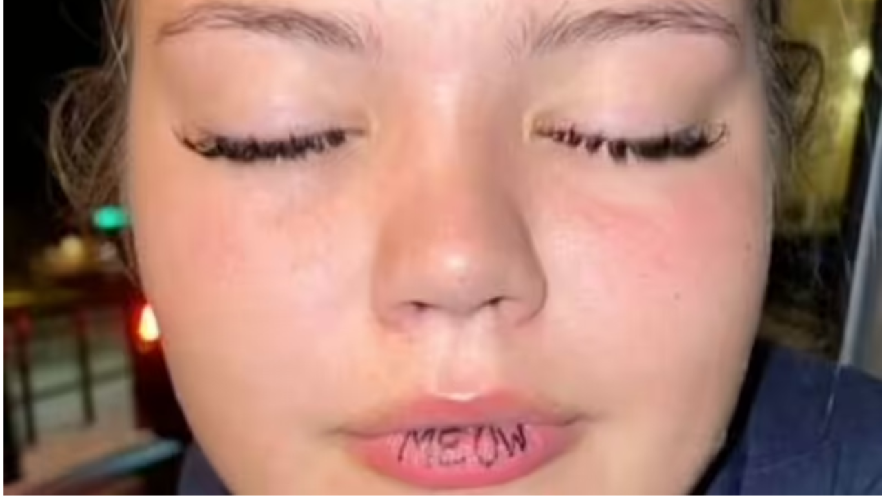 Woman accidentally gets 'meow' tattooed on outside of lip