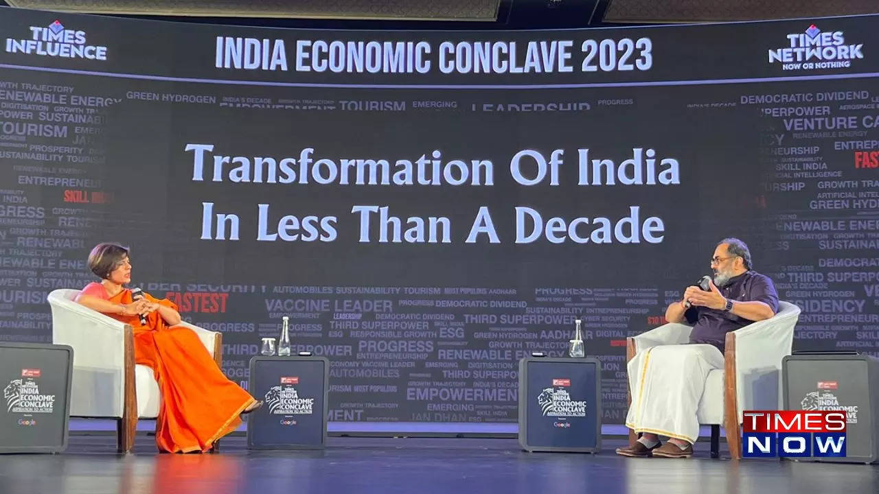 Times Now Executive Editor Padmaja Joshi, India's Minister of State for Skill Development and Entrepreneurship and Electronics and Information Technology Rajeev Chandrasekhar