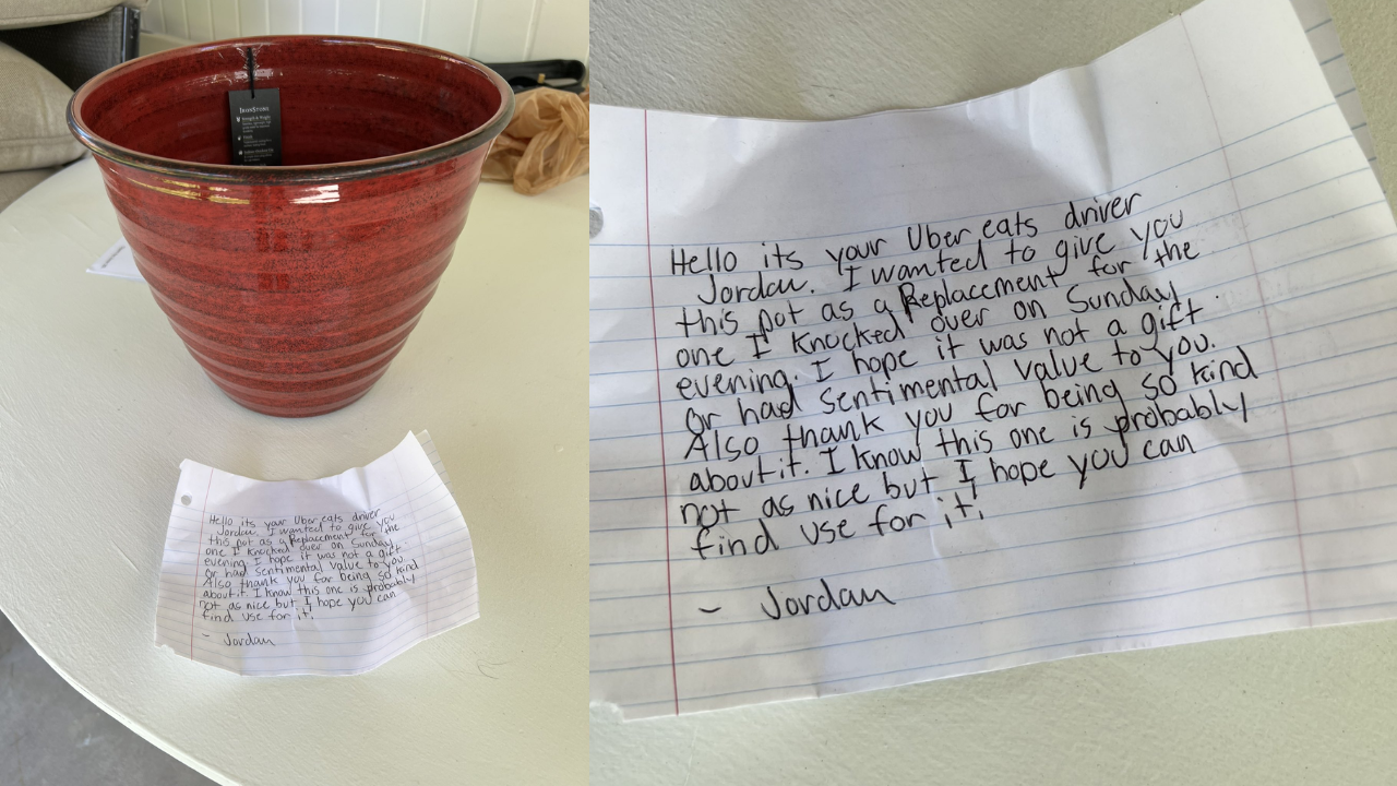 Delivery Guy Accidentally Breaks Customers Flower Pot Apologises With