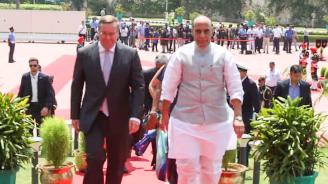 Defence Minister Rajnath Singh with German counterpart Boris Pistorius.