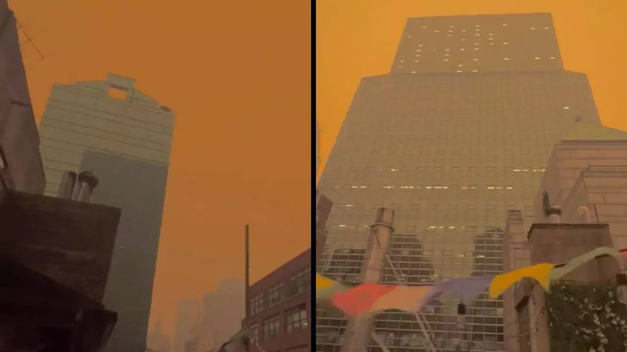 An ominous orange haze obscures the New York City skyline as smoke from Canadian wildfires lingers in the air | Screenshot: @TheVikasKhanna/Twitter