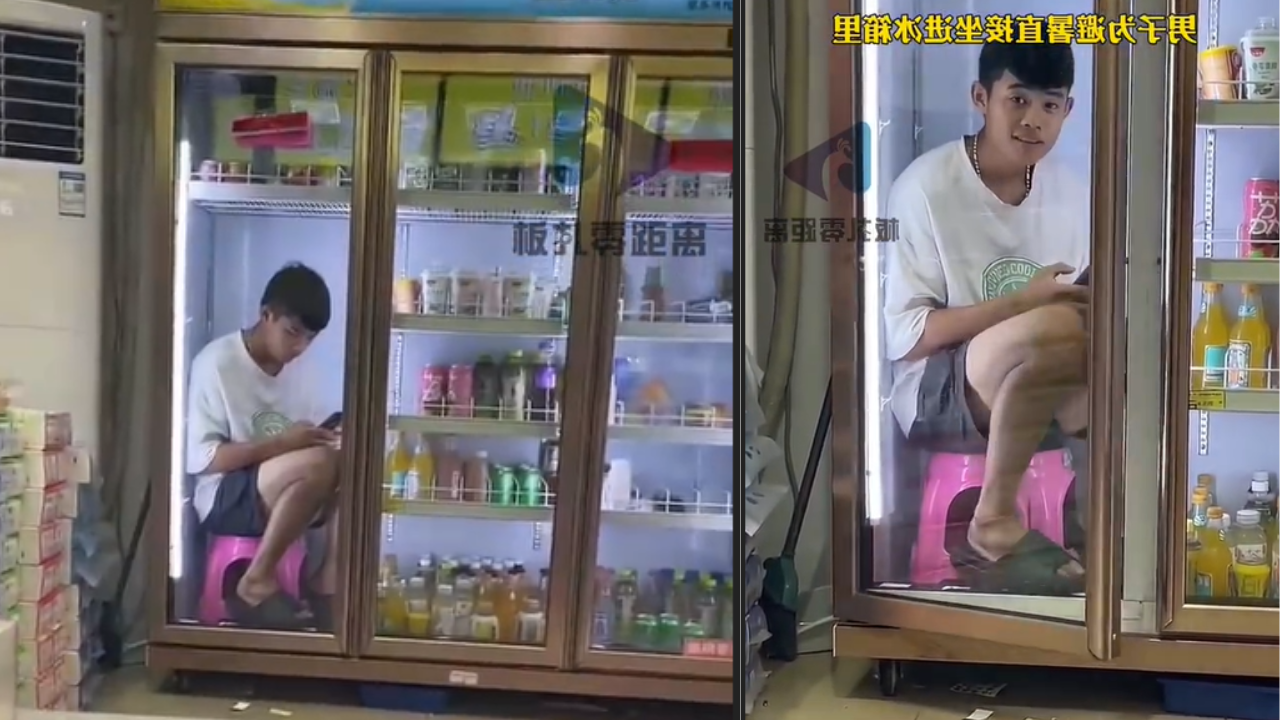 Chinese man sits inside fridge to beat the heat