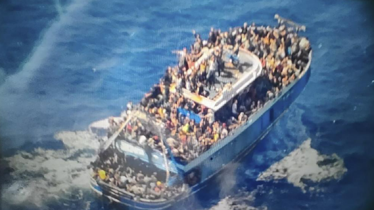 This undated image provided by Greece's coast guard on Wednesday, June14, 2023, shows scores of people covering practically every free stretch of deck on a battered fishing boat that later capsized and sank off southern Greece.