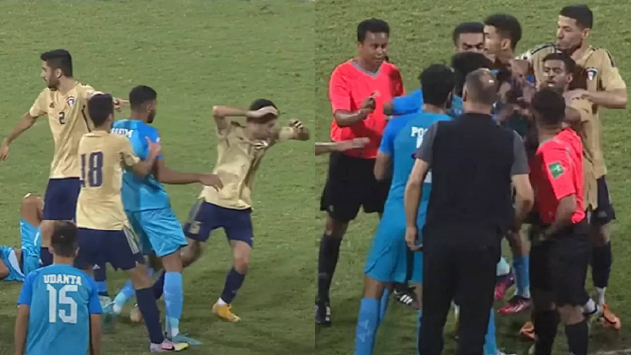 India Kuwait footballers fight.