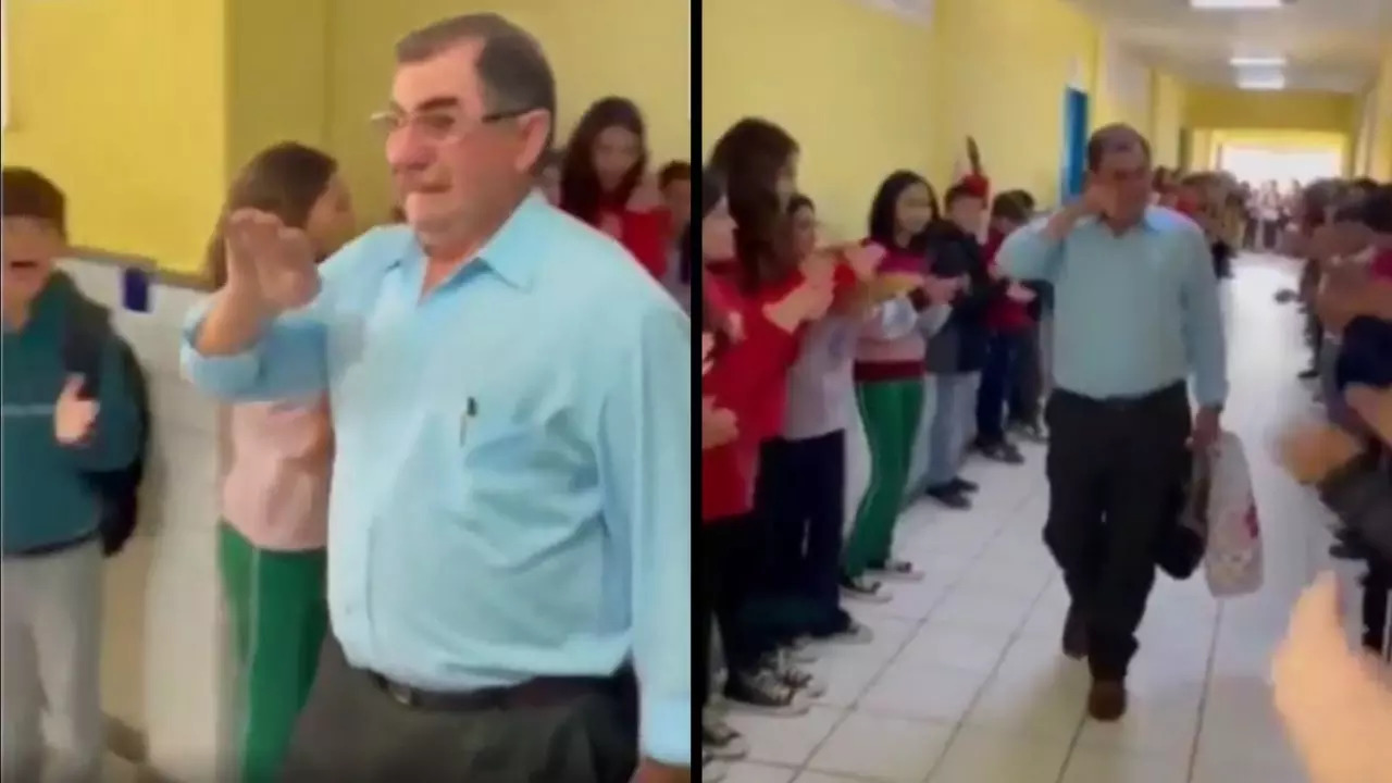 Students bid an emotional goodbye to a retiring Brazilian teacher after 35 years of dedicated service. | Screenshot from a video