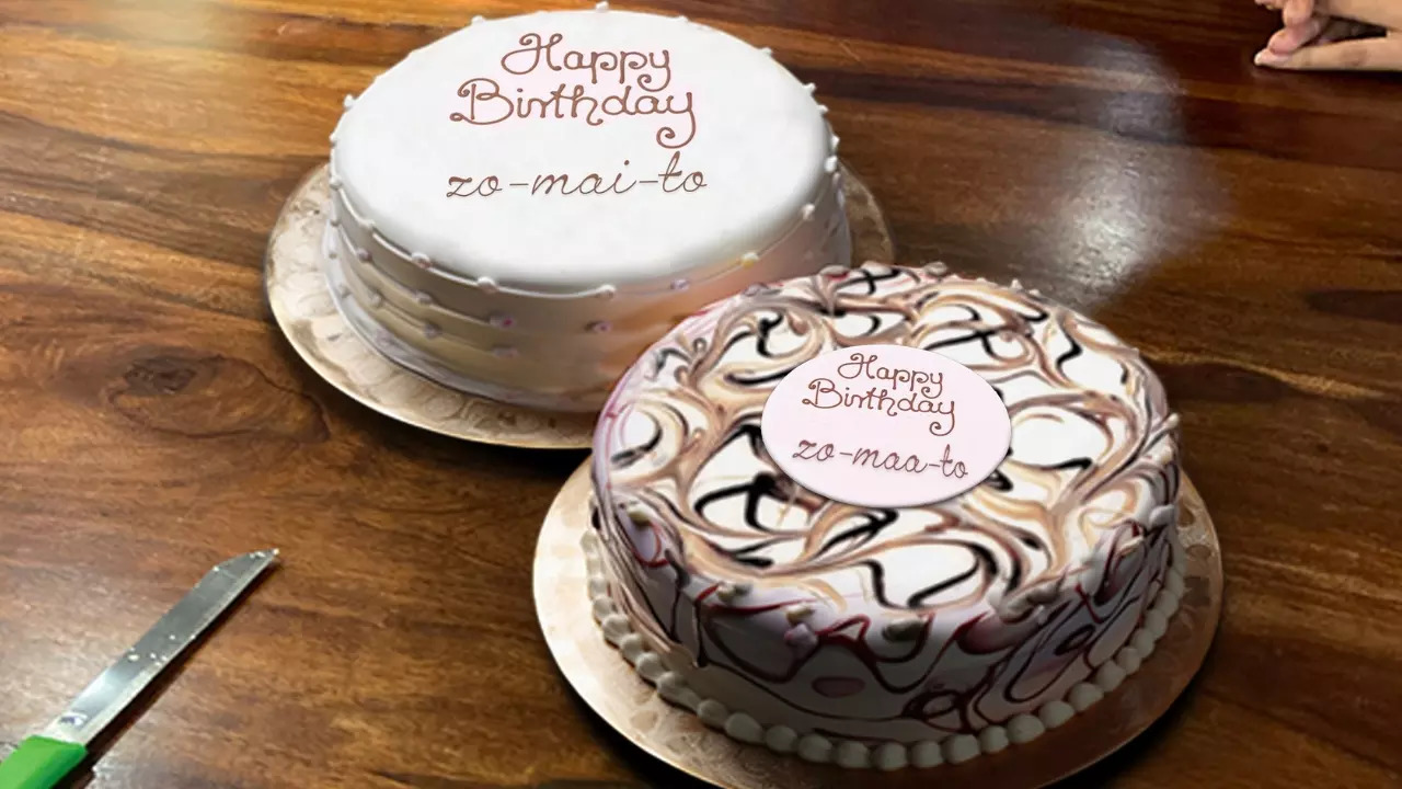 Zomato seemingly received a pair of 'Happy Birthday' cakes from Swiggy on its 15th anniversary | Image courtesy: @zomato/Twitter