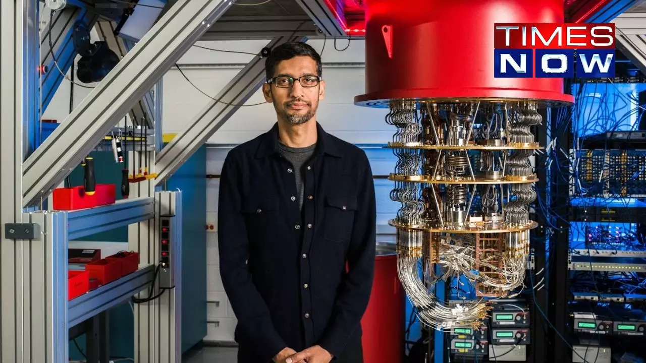 Sundar Pichai standing next to a quantum computer at Google