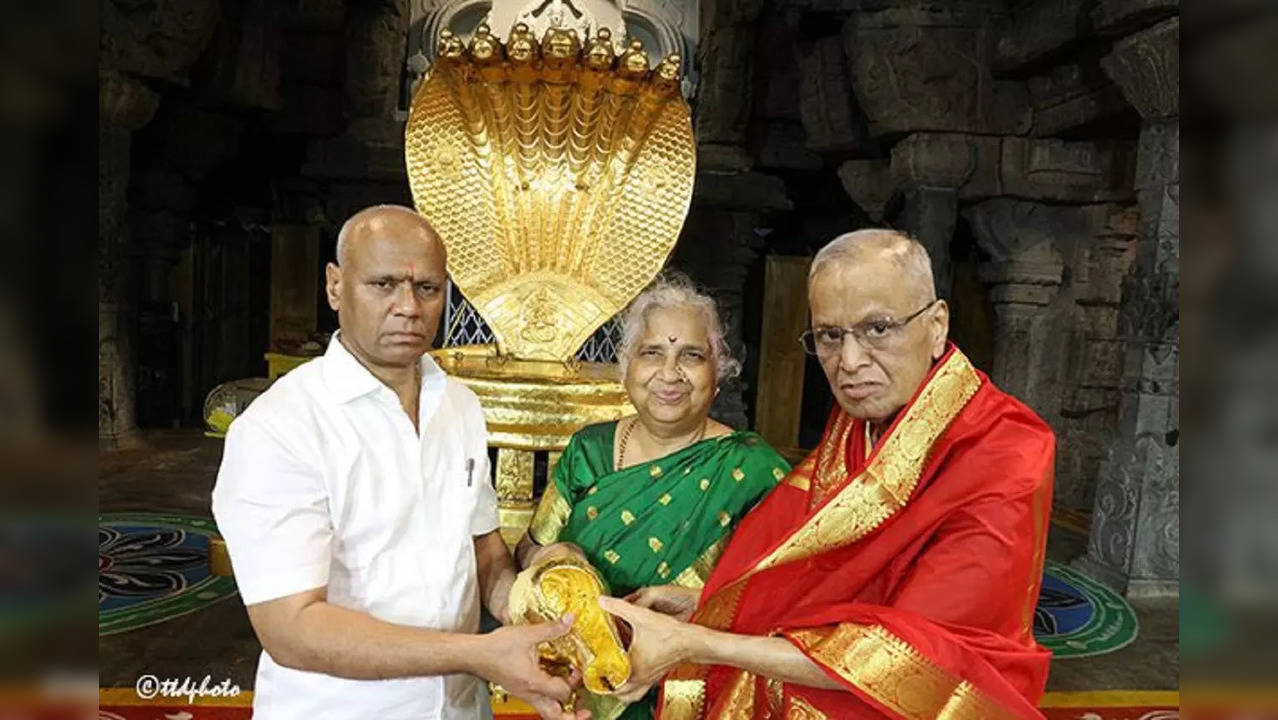 Infosys Chairman Narayana Murthy, Wife Sudha Murty Donate Gold Conch, Tortoise To Tirumala Temple