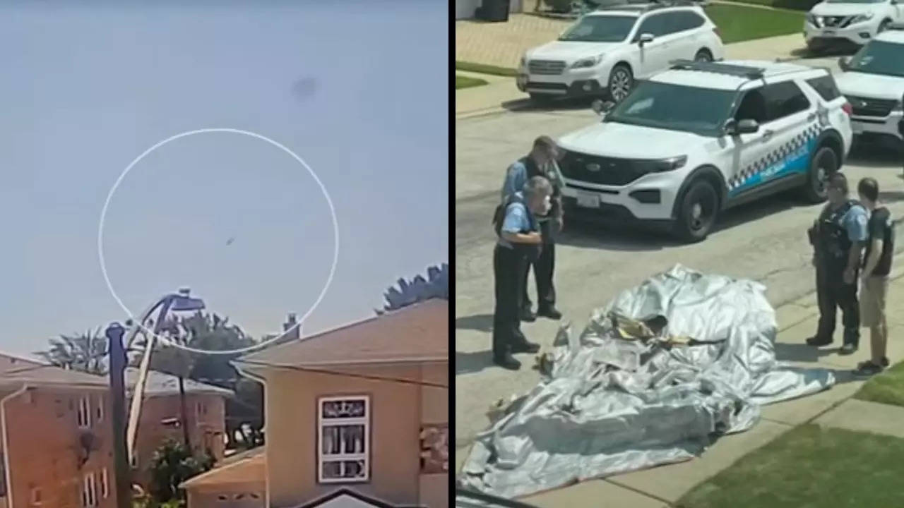 CCTV camera footage captures the emergency slide falling from a United Airlines Boeing 767 bound for Chicago Airport | Credit: ABC7/Youtube