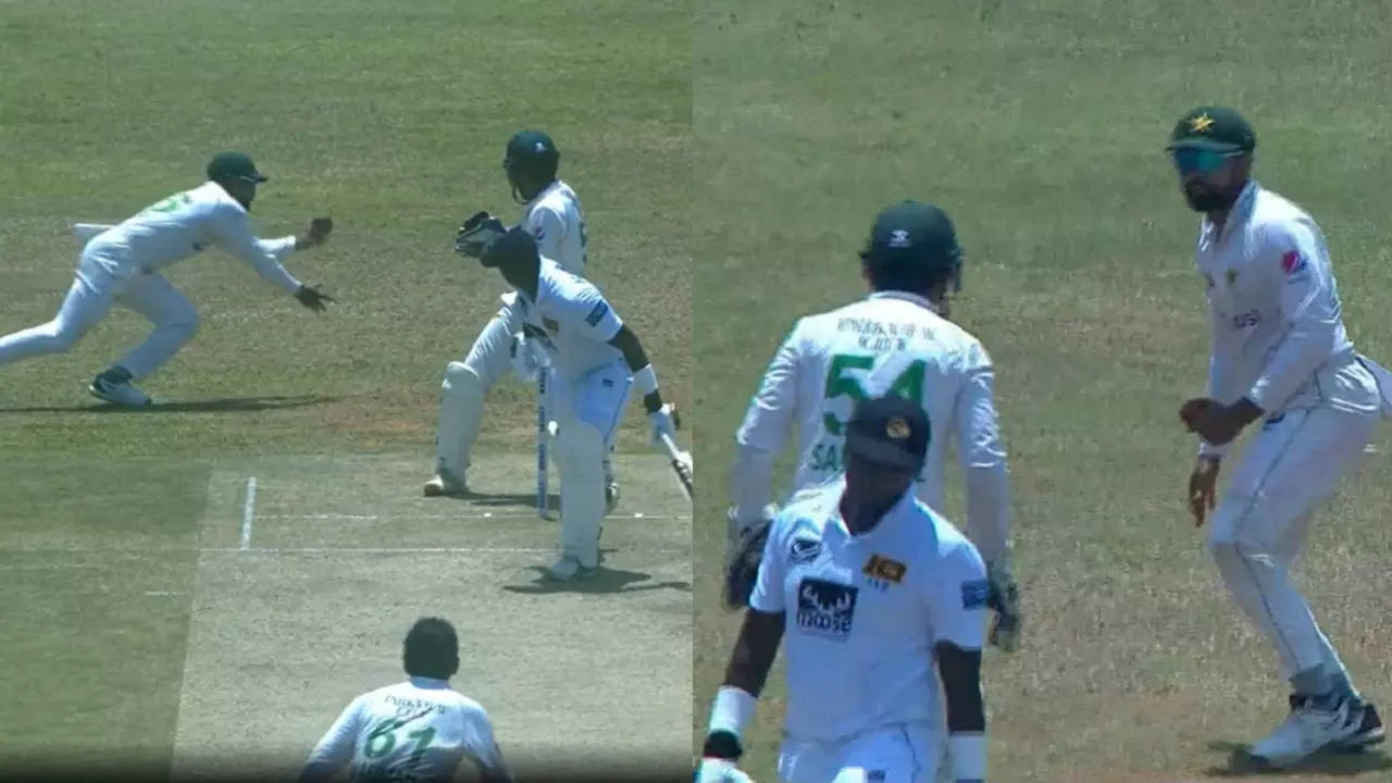 Babar Azam reacts after taking stunning catch with one hand.