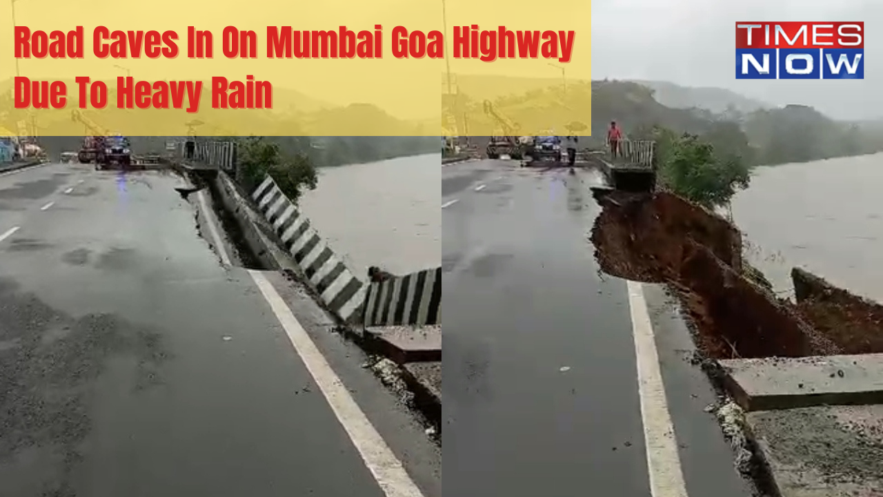 A portion of road caves in on Mumbai Goa Highway