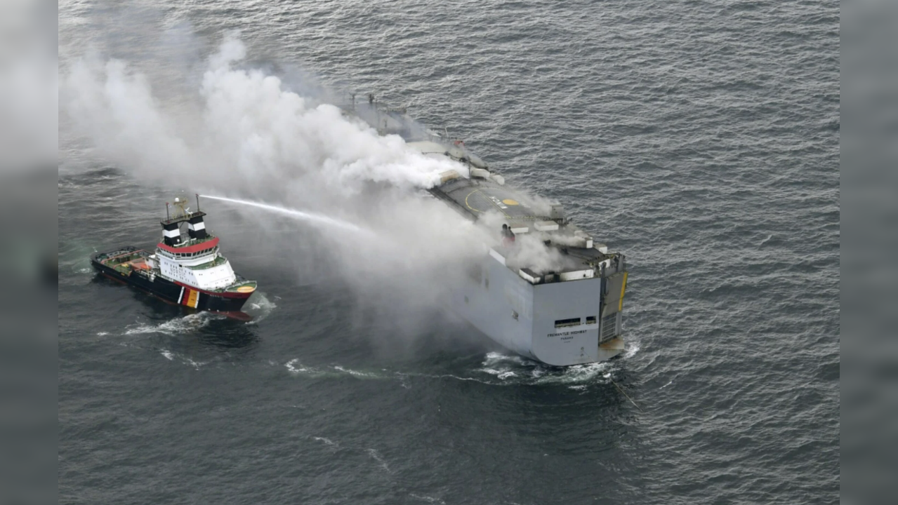 A cargo ship named Fremantle Highway, caught fire off the Dutch coast.