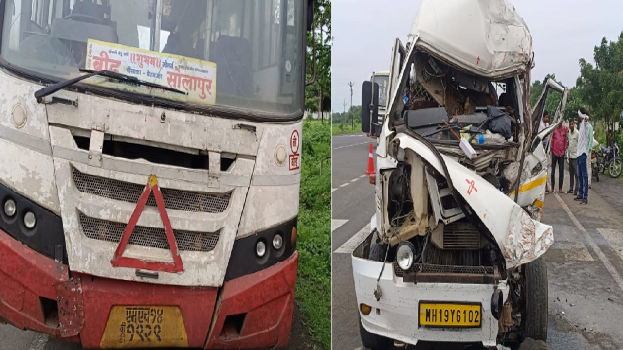 Beed St Accident पंढरपूरला निघालेल्या भाविकांच्या बसला अपघात बीडमध्ये एसटीला मिनी बसची धडक 