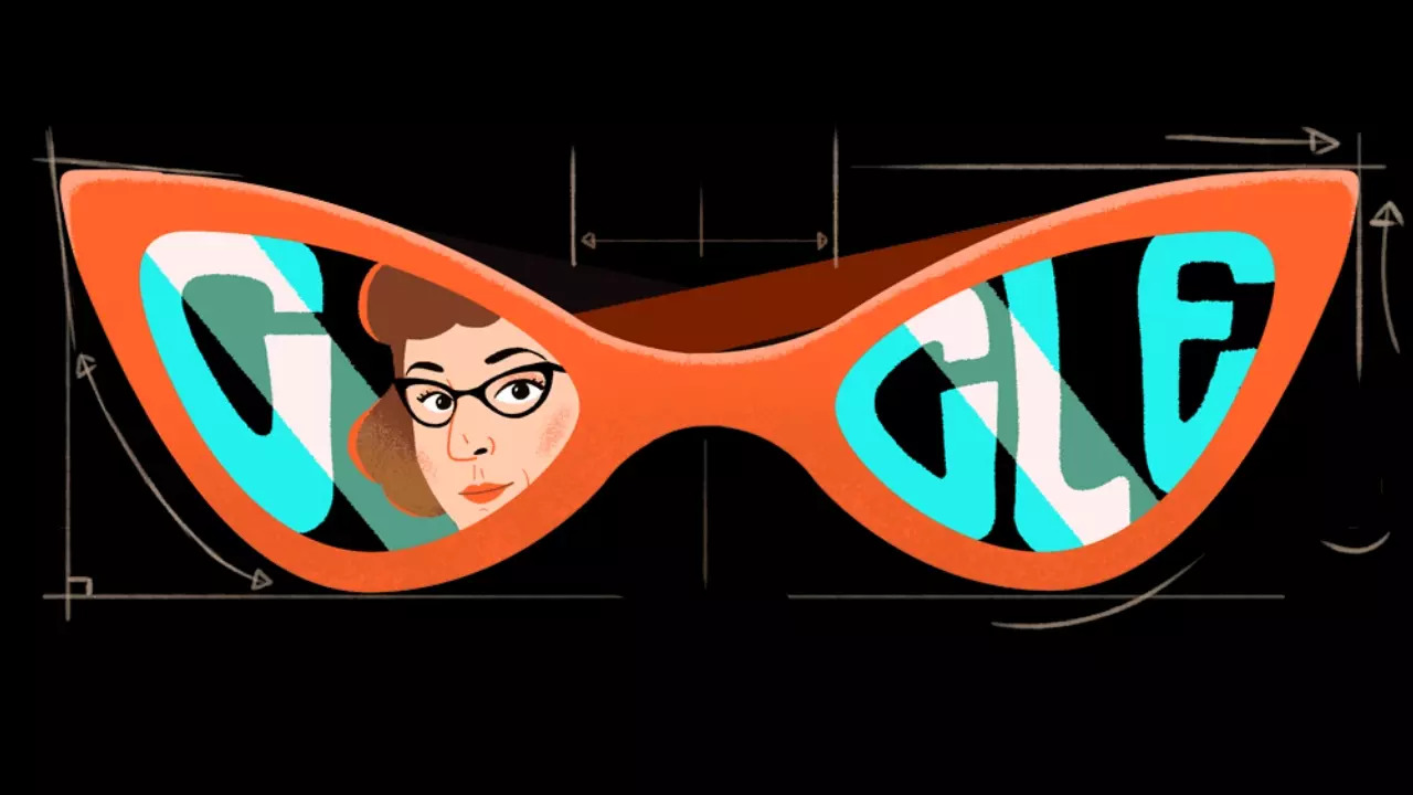 A cat eye glasses-shaped Google Doodle commemorates designer Altina Schinasi's 116th birthday. | Image credit: Google