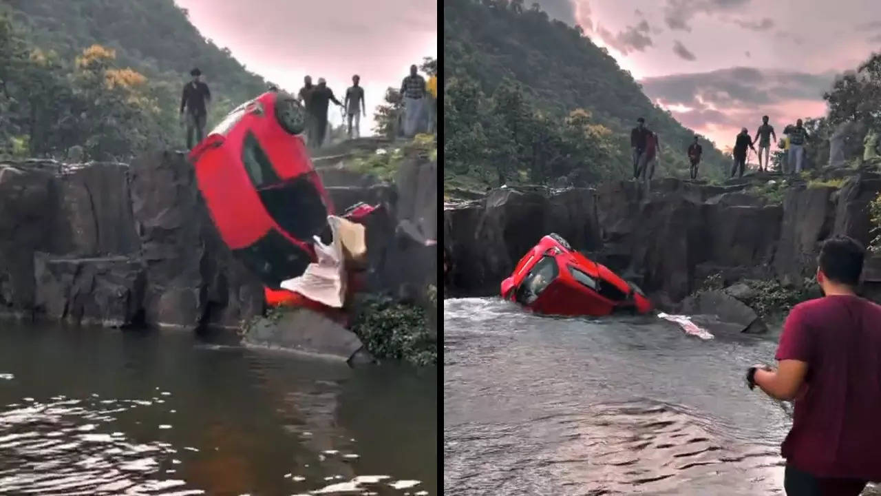 An Indore family's car falls into Lodhiya Kund waters after handbrake oversight. | Courtesy: ANI/Sunil Mathew