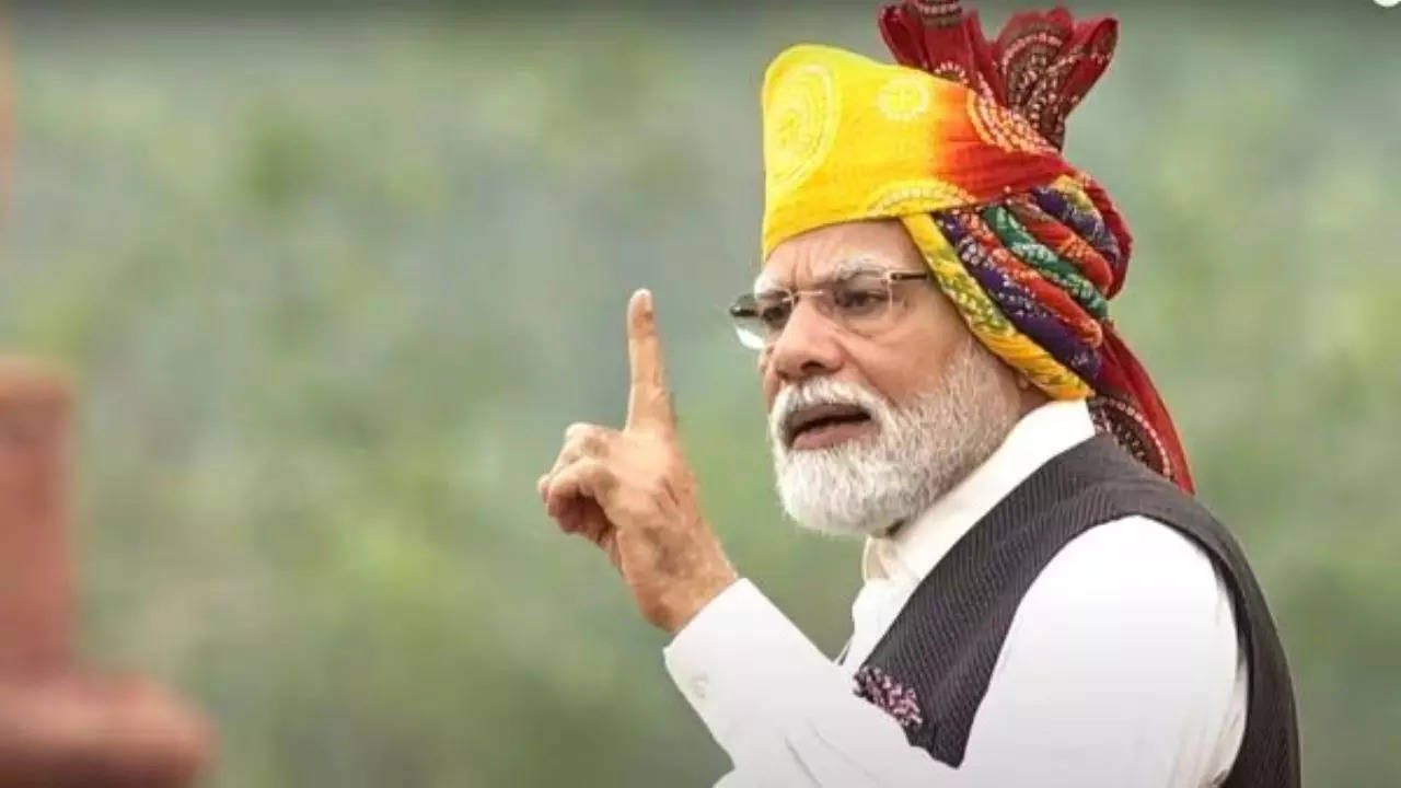 Prime Minister Narendra Modi speaks during his address on the country's 77th Independence Day, in New Delhi, Tuesday, Aug. 15, 2023. (PTI)