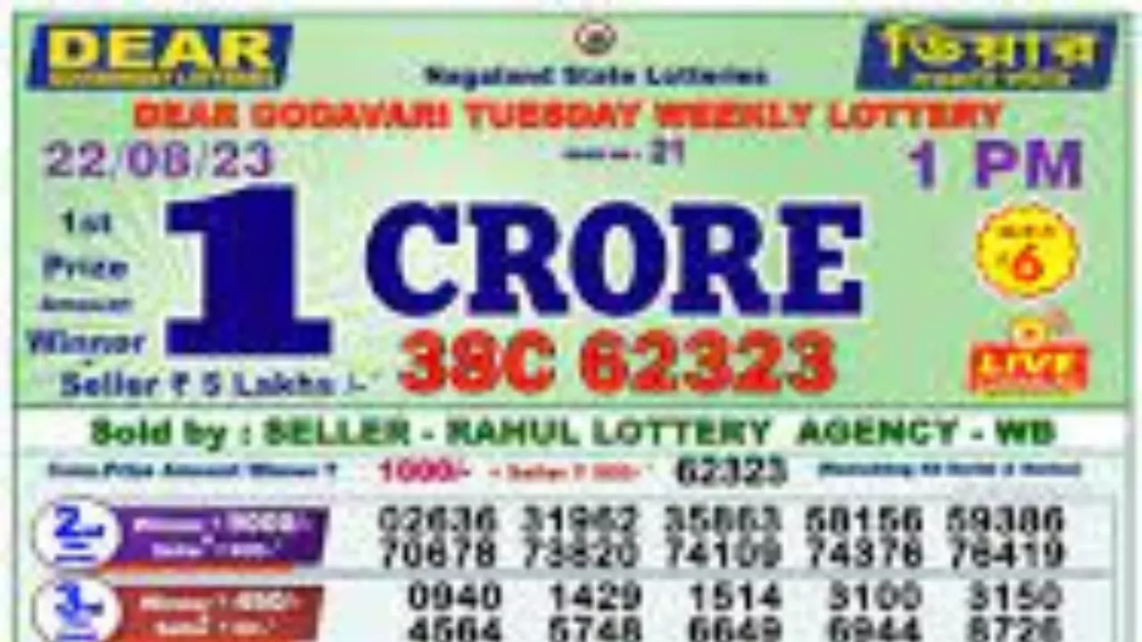 Nagaland State Lotteries has announced the results for Dear Godavari Tuesday Weekly Lottery (1 pm, 22 August 2023).