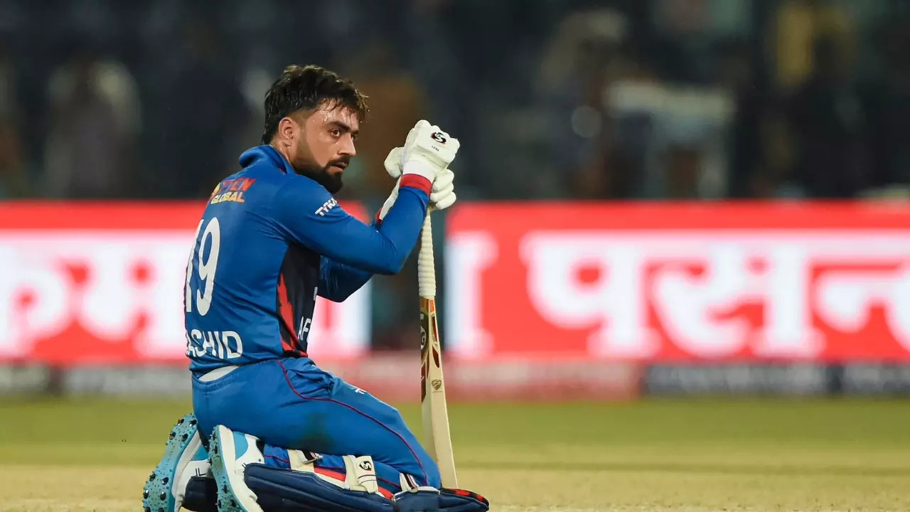 Rashid Khan reacts as Afghanistan narrowly miss out on Asia Cup 2023 Super 4 qualification after losing to Sri Lanka. | Courtesy: @rashidkhan_19/X