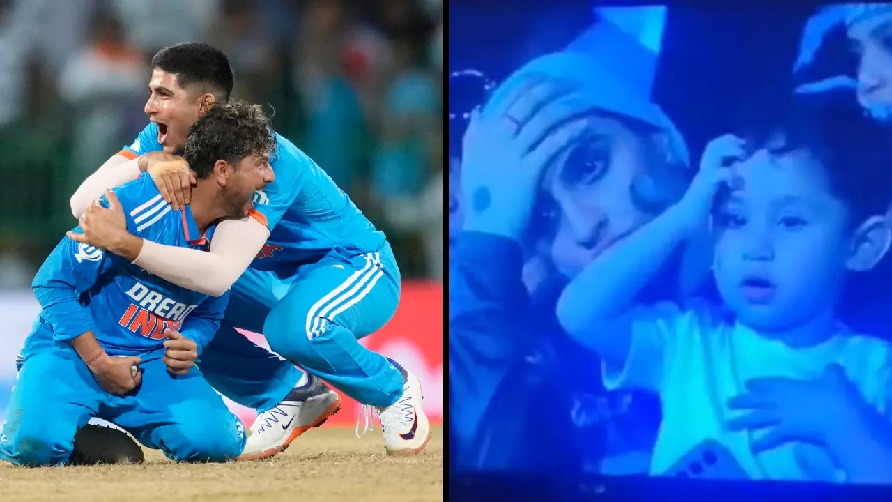 Left: Kuldeep Yadav celebrates his 5-wicket haul against Pakistan; right: A young fan watches on with disappointment as Salman Ali Agha is dismissed LBW. | AP Photo