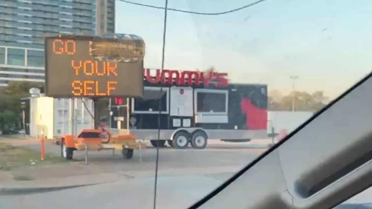 An electronic construction sign displays profanity after being hacked in Houston, Texas. | Courtesy: Cynthia Livin