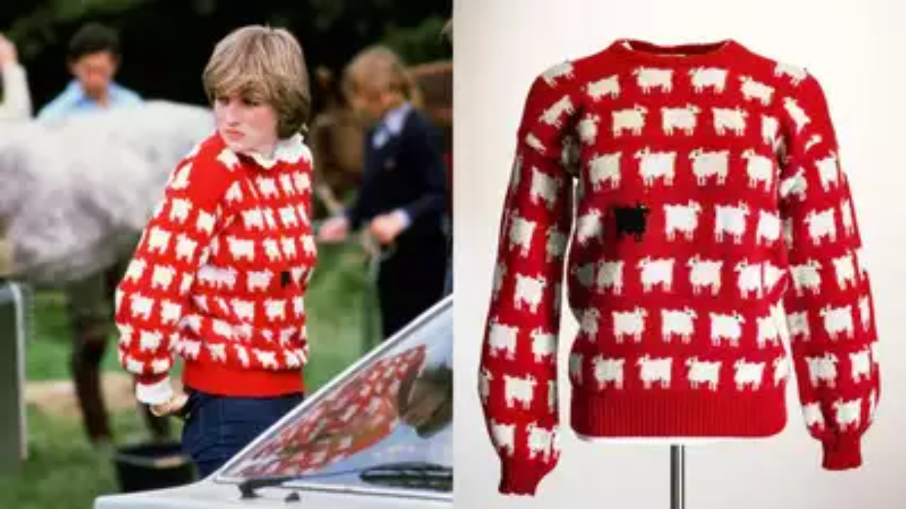 Princess Diana wearing the iconic ‘Black Sheep’ sweater in 1983