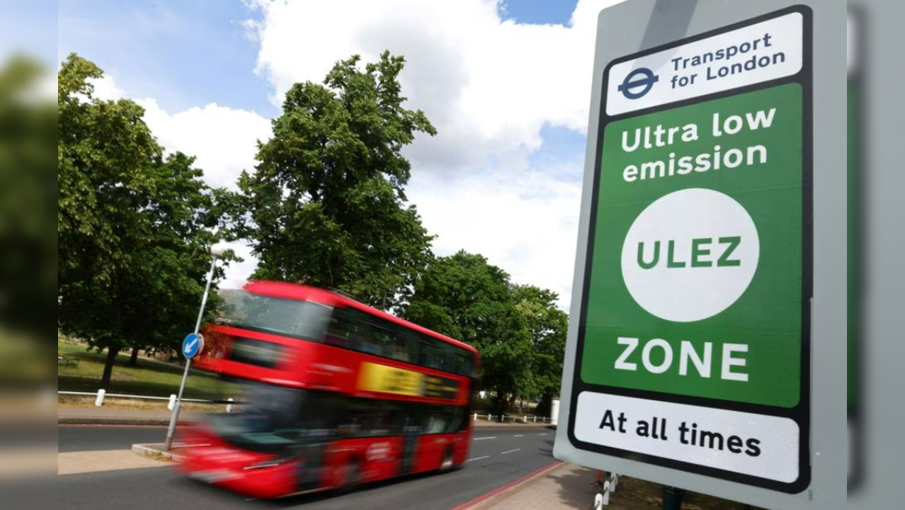 Signage indicates the boundary of London's Ultra Low Emissions Zone (ULEZ) zone along the North Circular Road ahead of proposed upcoming expansion, in London,