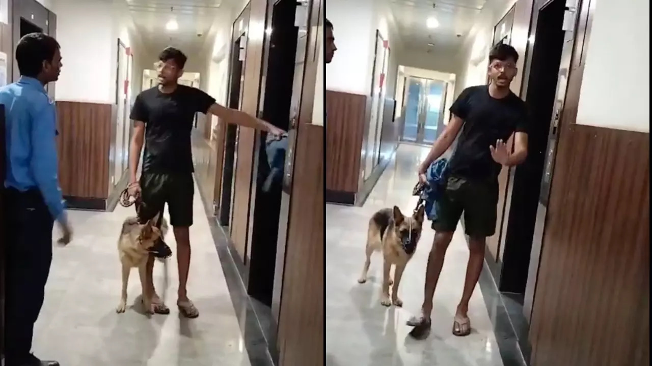 A dog owner insists on first use of his society's lift when confronted by a resident. | Image courtesy: Greater Noida West