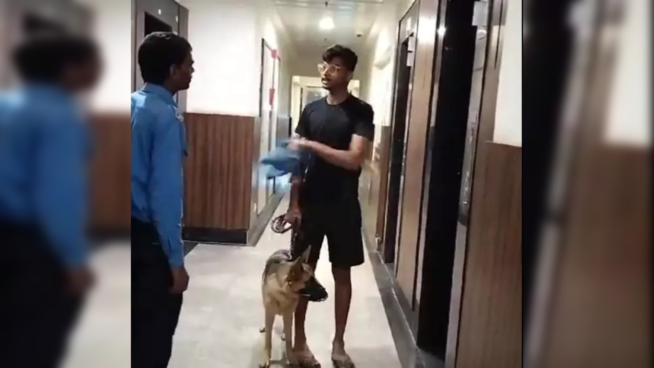 Greater Noida Muzzled Dog Owner fights Outside Lift