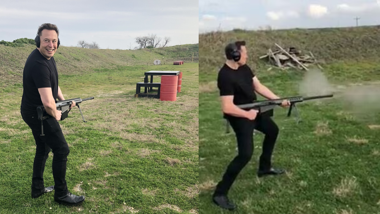 Elon Musk hip firing from his Barrett .50 calibre assault rifle