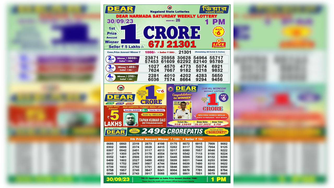 Dear Narmada Saturday Weekly Lottery result declared as of 1 pm on 30.09.2023 | Nagaland State Lotteries